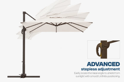 A cantilever patio umbrella with a white canopy and dark metal frame, shown on a light gray background with an inset detail of the stepless adjustment mechanism and marketing text reading 'ADVANCED stepless adjustment.'.