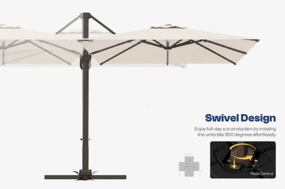A cantilever-style patio umbrella with a cream canopy and dark metal frame, shown on a light gray background with marketing text reading 'Swivel Design' and a small inset demonstrating the swivel feature.