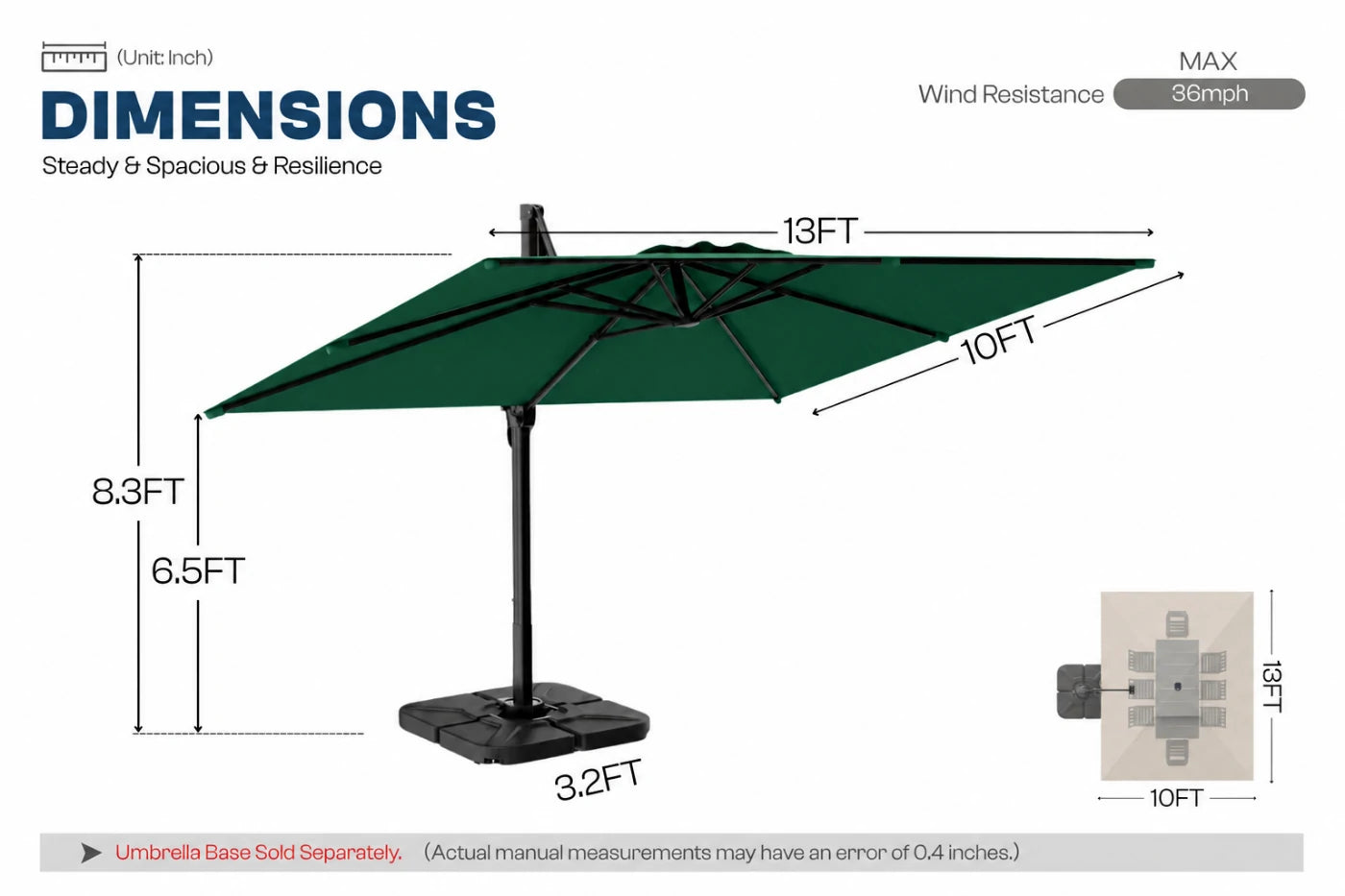 A dimension diagram for a dark green cantilever patio umbrella showing measurements of 13FT width, 10FT depth, 8.3FT height.