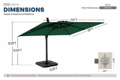 A dimension diagram of a dark green patio umbrella with a black pole and base on a white background, showing measurements of 12ft by 9ft by 8.3ft, with text indicating wind resistance up to 65mph.