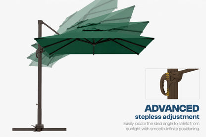 A dark green cantilever patio umbrella with a dark metal pole and base, shown on a light gray background with an inset detail of the pole joint and text reading 'ADVANCED stepless adjustment'.