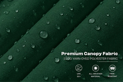 Dark green canopy fabric with water droplets on a close-up view, featuring text that reads 'Premium Canopy Fabric' and '220G YARN-DYED POLYESTER FABRIC' with three feature icons below.