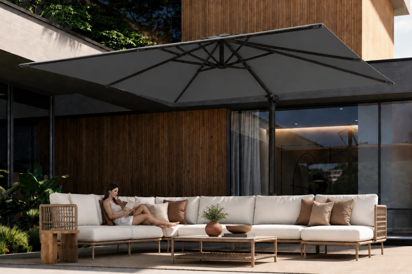 A modern outdoor patio scene with a large dark gray patio umbrella over a long white sectional sofa with brown accent pillows. A woman is reclining on the sofa, and the setting includes a wooden wall, glass windows, and a coffee table in the foreground.