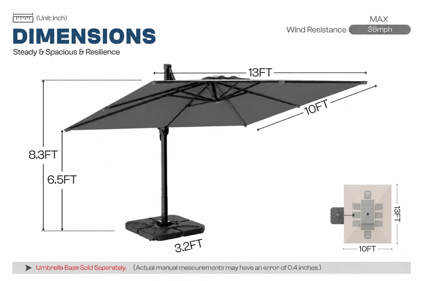 A dimension diagram of a dark gray cantilever patio umbrella showing measurements of 13 feet wide by 10 feet high, with a base height of 6.5 feet.
