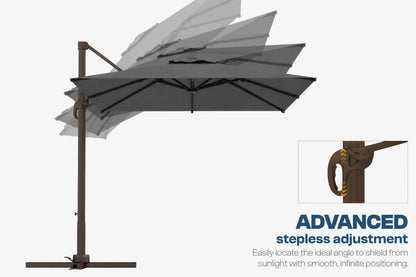 A dark gray cantilever patio umbrella with a brown metal pole and base, shown on a light gray background with a small inset diagram and text reading 'ADVANCED stepless adjustment'.