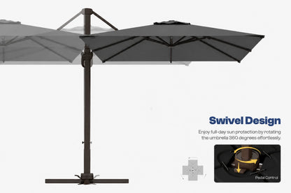 A dark gray cantilever patio umbrella with a swivel design, shown on a light gray background with informational text and inset graphics explaining the rotation and pedal control.