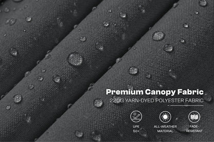 Close-up of dark gray water-dyed polyester fabric with visible water droplets and overlaid text reading 'Premium Canopy Fabric' plus small feature icons.