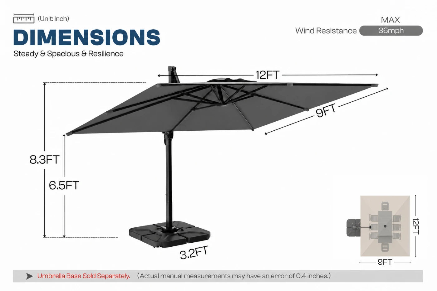 A dimension diagram of a dark gray cantilever patio umbrella with measurements labeled 12FT width, 9FT depth, 8.3FT height.