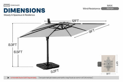 A dimension diagram of a cantilever patio umbrella showing measurements of 12ft width, 9ft depth, 8.3ft height.