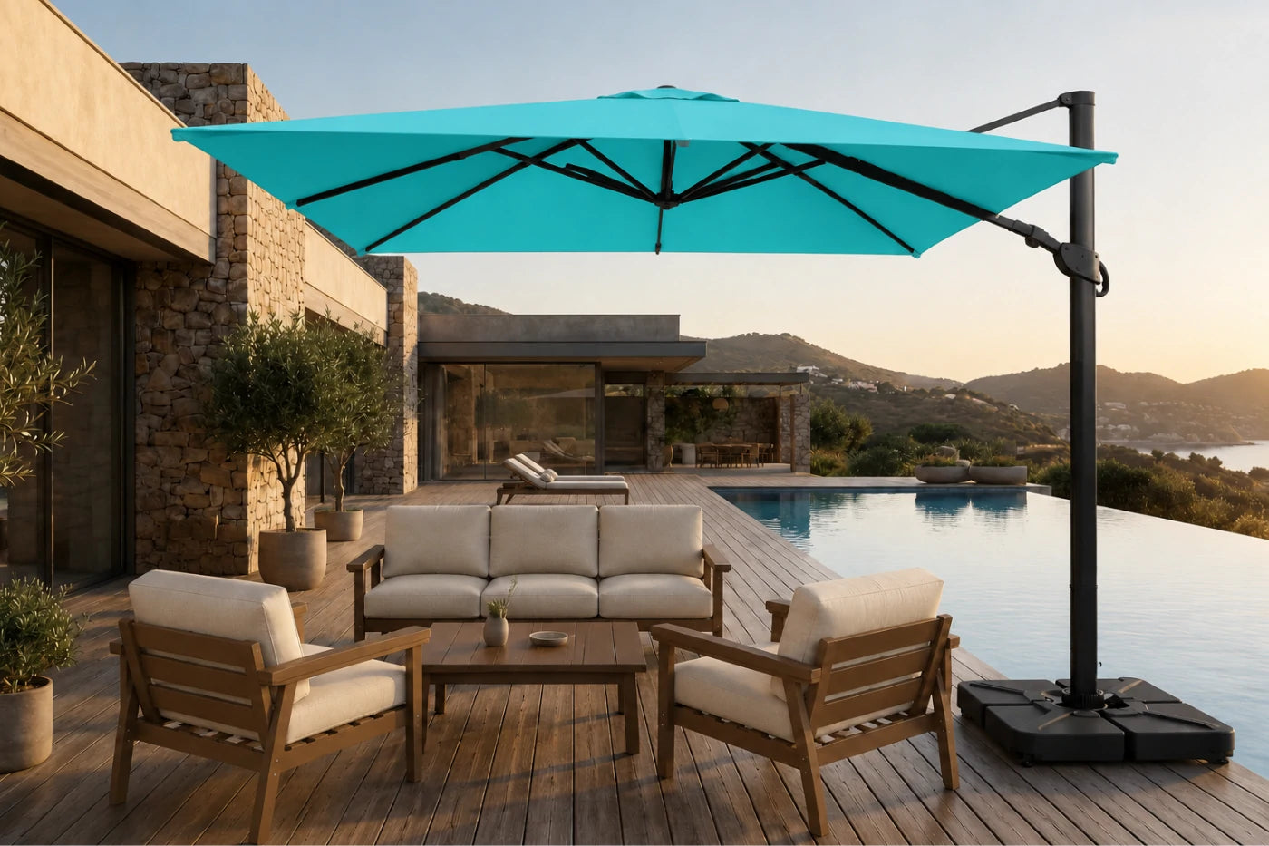 A large cantilever patio umbrella in turquoise blue with a black pole and black weighted base, shown in a luxurious outdoor setting next to a swimming pool with a wooden deck, lounge chairs, and a modern house in the background.