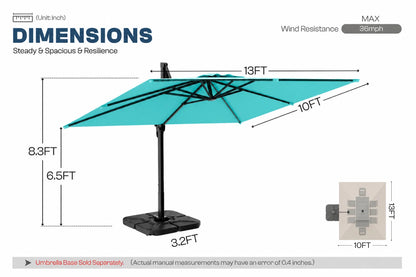 A dimension diagram for a cantilever patio umbrella, showing a turquoise canopy with a black pole and base on a white background. The image includes labeled measurements for the canopy and pole, a small inset of the umbrella head, and text noting wind resistance up to 36mph.