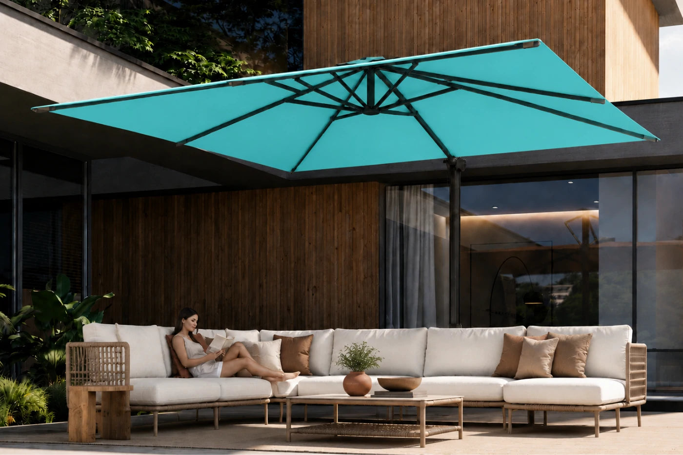 A large teal patio umbrella with a black frame shading a modern outdoor lounge set with a woman reclining on the sofa. The setting is in front of a contemporary house with a wood-paneled exterior.