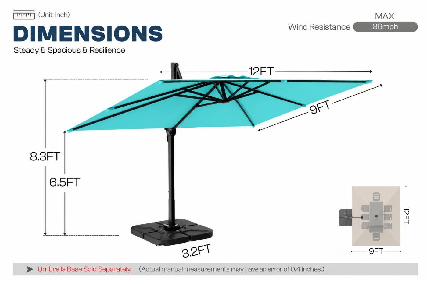 A dimension diagram of a cantilever patio umbrella on a white background, showing measurements of 12 feet width, 9 feet span, 8.3 feet height.