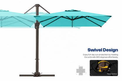 A cantilever patio umbrella in a turquoise color with a dark bronze metal pole and base, shown on a white background with marketing text and a small inset diagram explaining the swivel design.