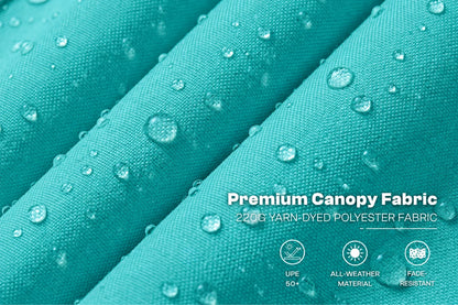 Close-up of teal-blue canopy fabric with water droplets on a diagonal fold, with text reading 'Premium Canopy Fabric' and small icons for UPF 60+, all-weather material, and face resistance.