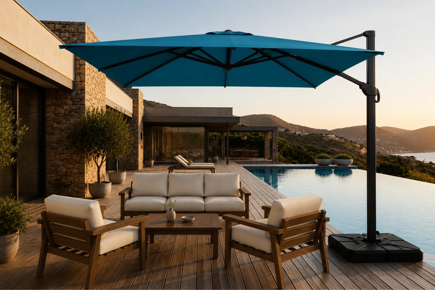 A large lake blue cantilever patio umbrella with a black pole and base, shading a modern outdoor lounge set with wooden chairs and a sofa on a wooden deck next to an infinity pool at sunset.