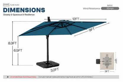 A dimension diagram of a cantilever patio umbrella with a lake blue canopy and black frame, showing measurements of 12FT width, 9FT depth, 8.3FT height.
