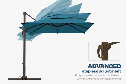 A cantilever patio umbrella with a dark metal pole and lake blue canopy shown on a light gray background, alongside a small inset diagram and text reading 'ADVANCED stepless adjustment.'.