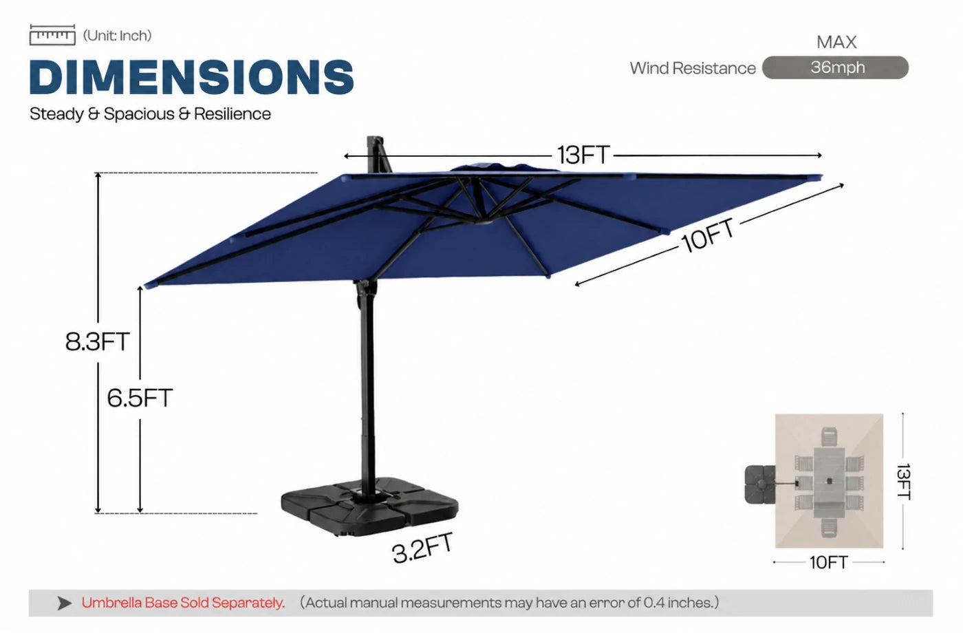 A dimension diagram of a navy blue cantilever patio umbrella with a black base and pole, showing measurements of 13FT, 10FT, 8.3FT.