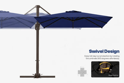 A cantilever patio umbrella shown on a light gray background with text reading 'Swivel Design' and a small inset demonstrating the rotation mechanism. The main product is a dark brown metal umbrella with navy blue canopy panels.
