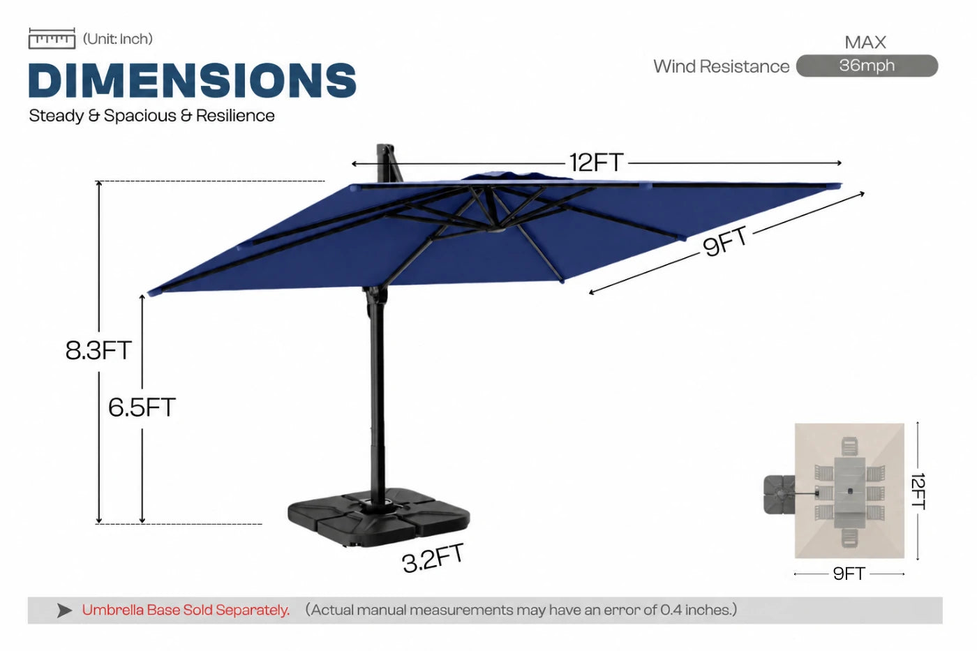 A dimension diagram of a cantilever patio umbrella with a navy blue canopy and black base, showing measurements of 12ft by 9ft with a 3.2ft base, on a white background with text labels.