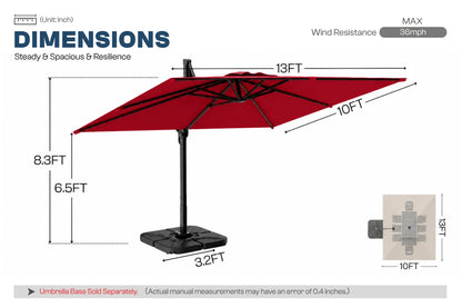 A dimension diagram of a red cantilever patio umbrella with a black base and pole, showing measurements of 10ft width, 13ft canopy span, 6.5ft height.