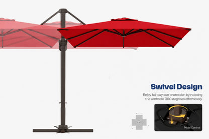A red cantilever patio umbrella with a dark metal pole and base, shown on a light gray background with a faded duplicate view behind it. Text on the right explains the swivel design with a pedal control inset.