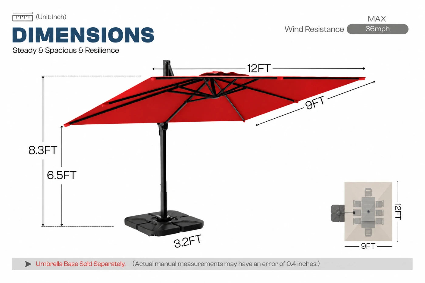 A dimension diagram of a red cantilever patio umbrella with a black pole and base on a white background, showing measurements of 12FT width, 9FT depth, 8.3FT height.