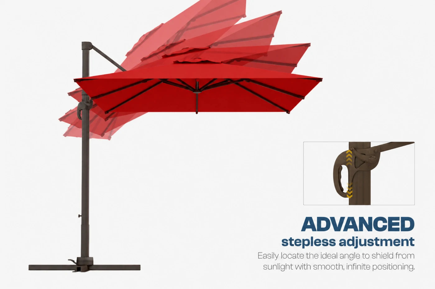 A red cantilever patio umbrella with a black metal pole and base on a light gray background, alongside an inset diagram showing the stepless adjustment mechanism and text reading 'ADVANCED stepless adjustment'.