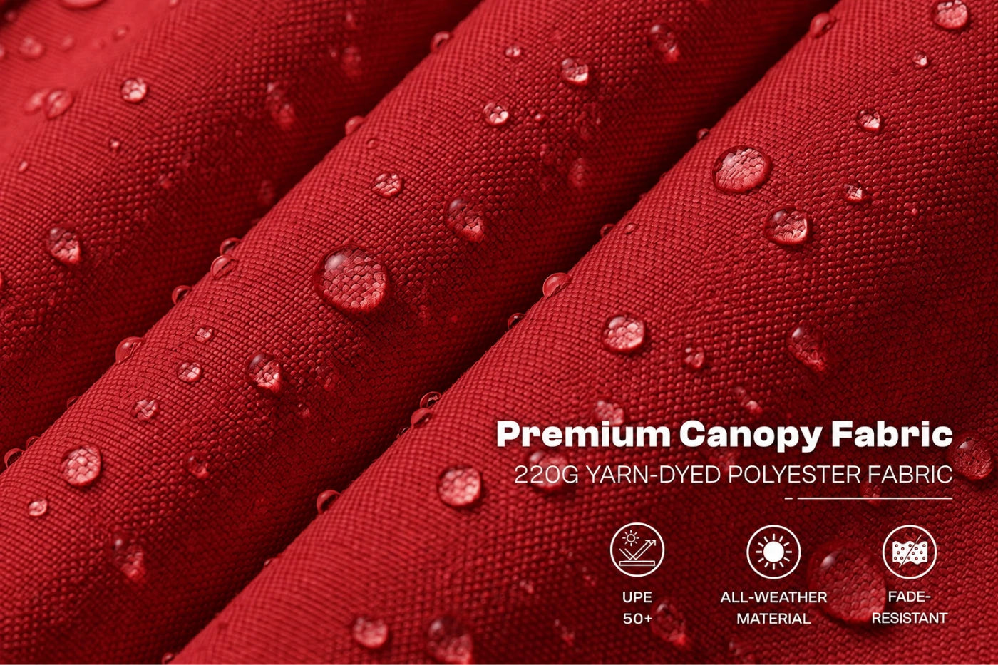 Close-up of red canopy fabric with water droplets on a textured woven surface and overlaid text reading 'Premium Canopy Fabric' plus feature icons.