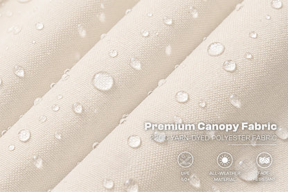 Close-up of creamy white canopy fabric with water droplets on a folded surface, with text reading 'Premium Canopy Fabric' and small feature icons below.